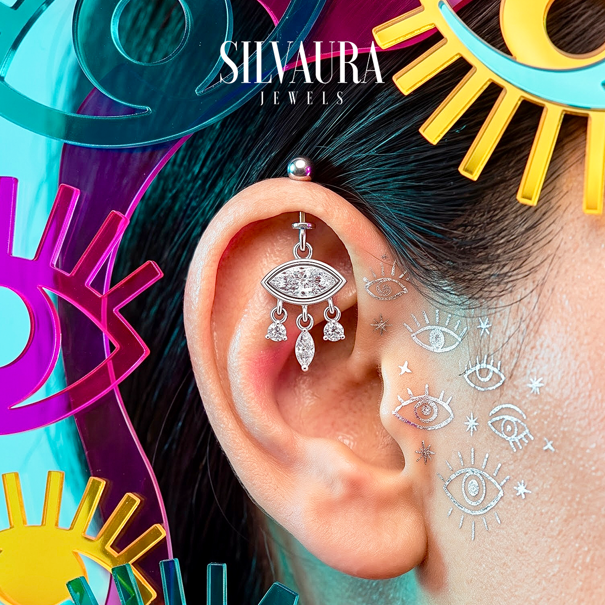 925 Sterling Silver Eye Motif Helix Earrings