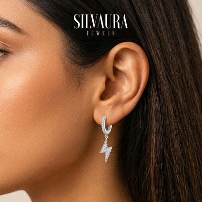 925 Sterling Silver Lightning Bolt Hoop Earrings