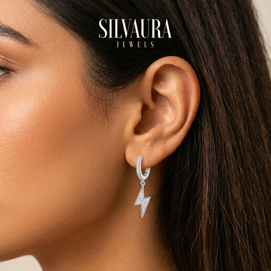 925 Sterling Silver Lightning Bolt Hoop Earrings