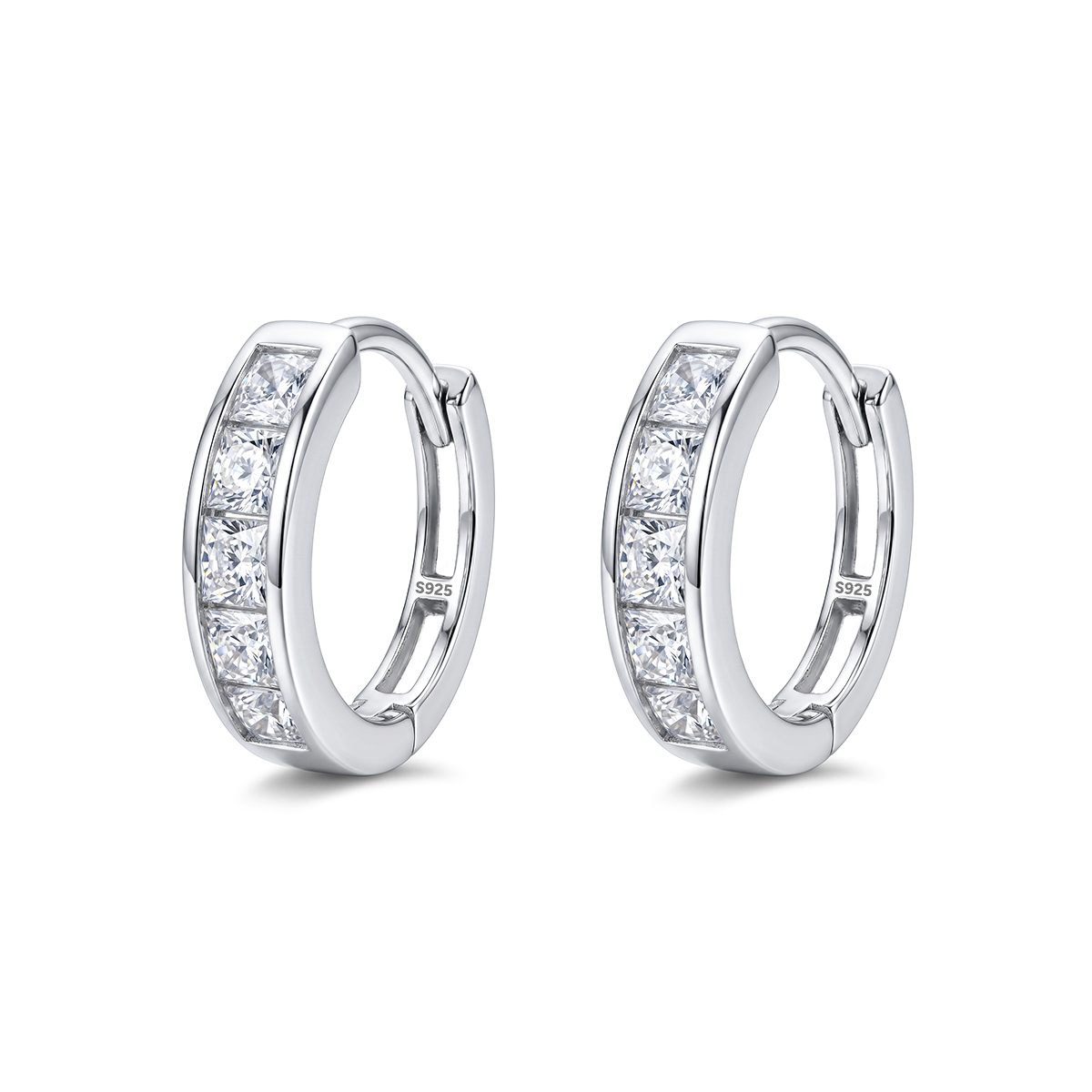925 sterling silver hoop earrings with sparkling clear stones, front view