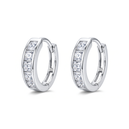 925 sterling silver hoop earrings with sparkling clear stones, front view