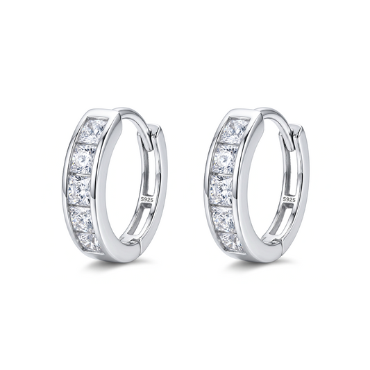 925 sterling silver hoop earrings with sparkling clear stones, front view