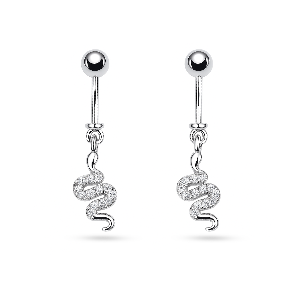 Pair of 925 silver helix earring snake dangle studs in sterling silver with cubic zirconia
