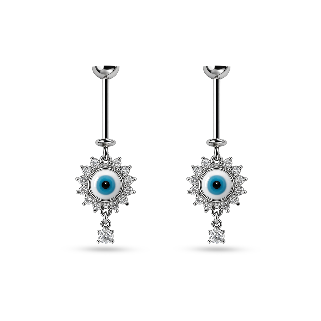 925 Sterling Silver Evil Eye Helix Earrings with blue eye charm and clear crystal dangle by SILVAURA